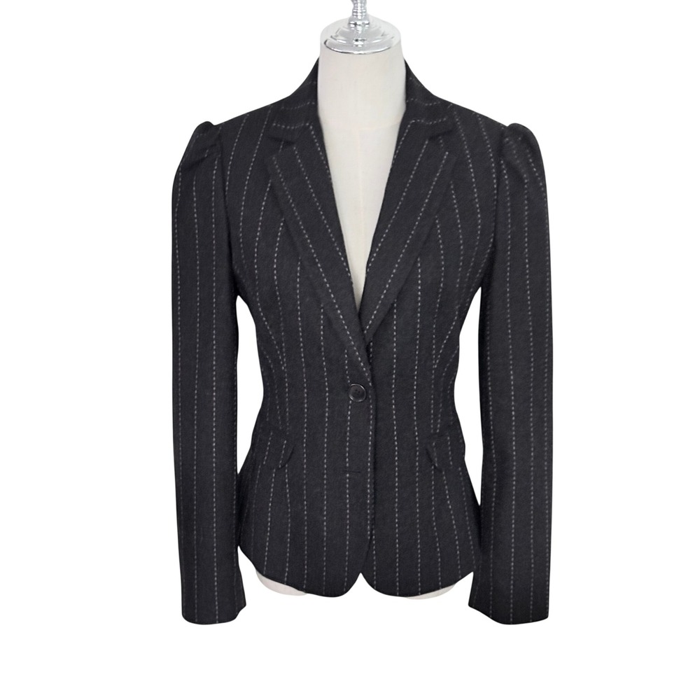Vintage Y2K Express Pinstripe Wool Blazer Puff Shoulder Hourglass Navy Black 6